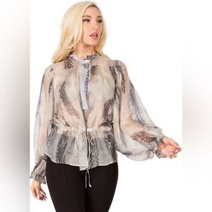 Vertigo Paris 100% silk sheer marbled animal print blouse size Large white grey